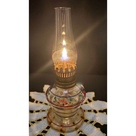 Vintage Mini Oil Lamp Hand Painted Flowers Clear Glass - Picture 1 of 4